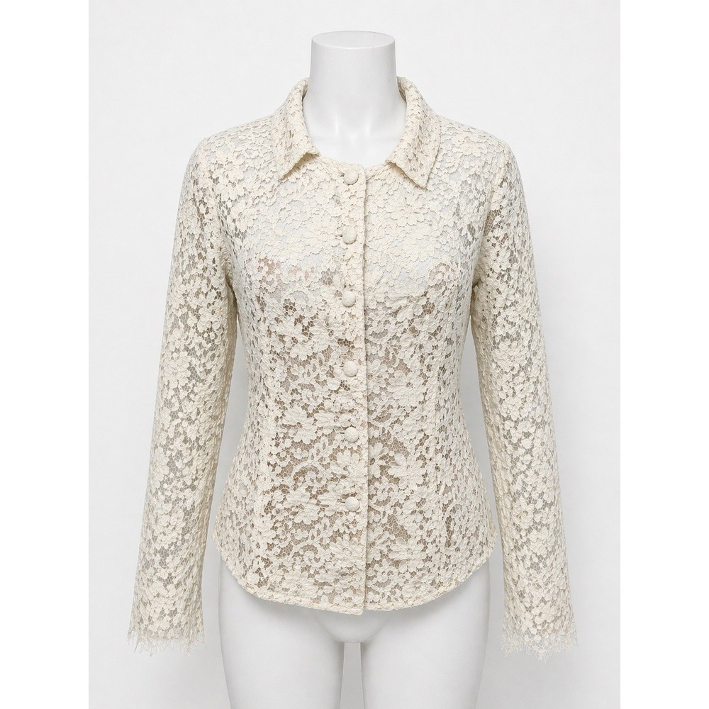 Wendy McCauley Ivory Lace Button Up Blouse Top Size M Floral Crochet Sheer Style